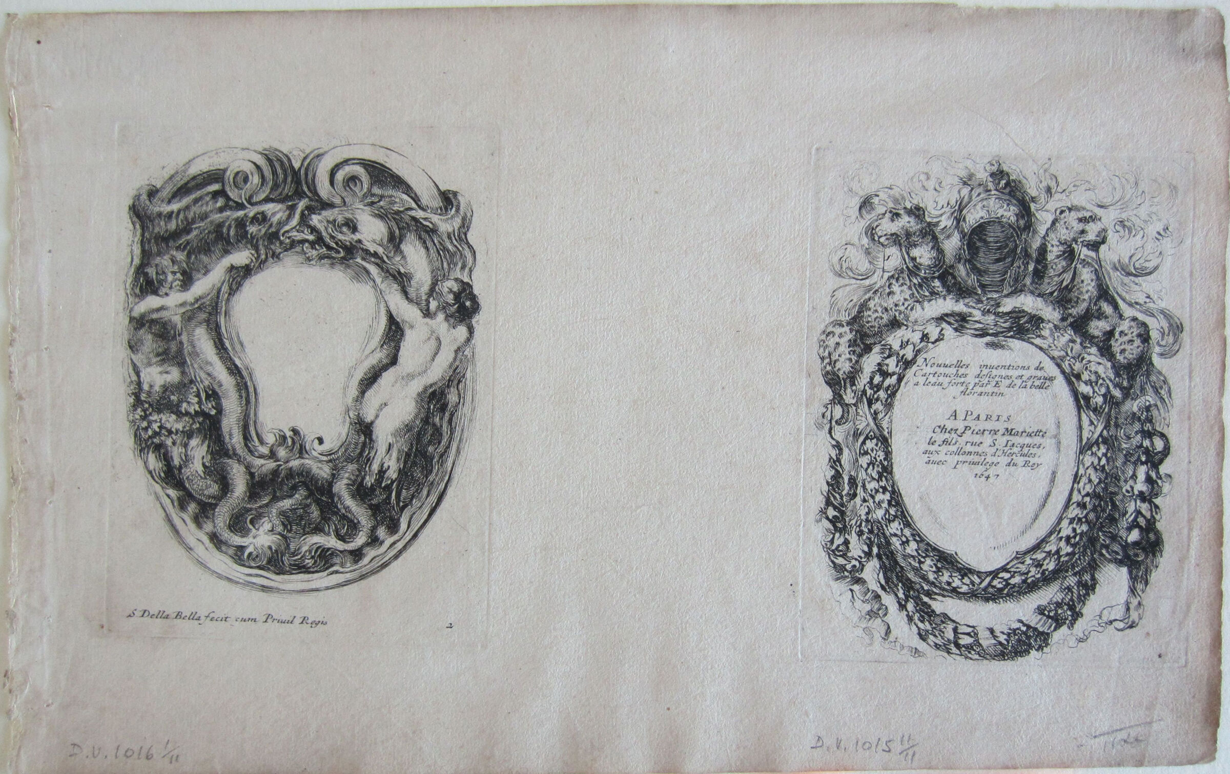 Cartouche With Two Fish Supported By A Triton And A Siren (Left); Titlepage: Nouelles Inuentions De Cartouches (Right)