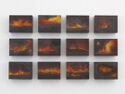 Twelve drawings of burning landscapes in colored pencil.