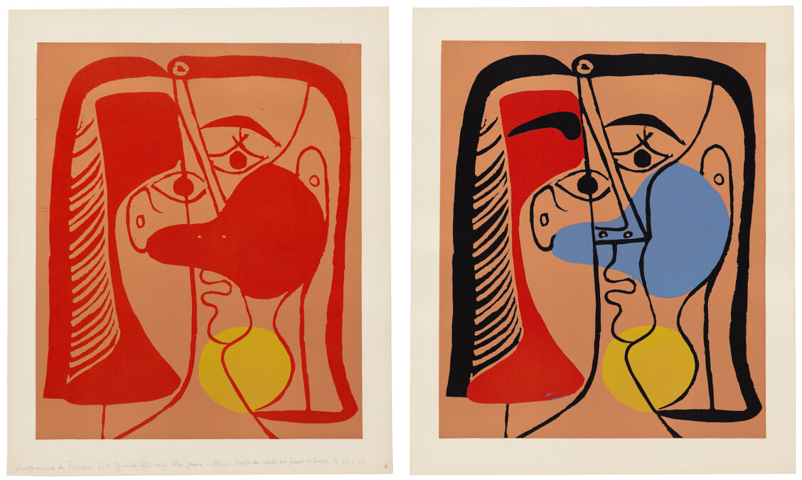 This side-by-side image features two versions of the same Cubist-style print of a woman’s face. Black, red, blue, and yellow inks are used in the portrait at right; red and yellow inks are used at left.