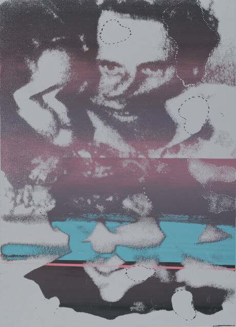 
A screenprint features a distorted image of a man’s face and body.
 