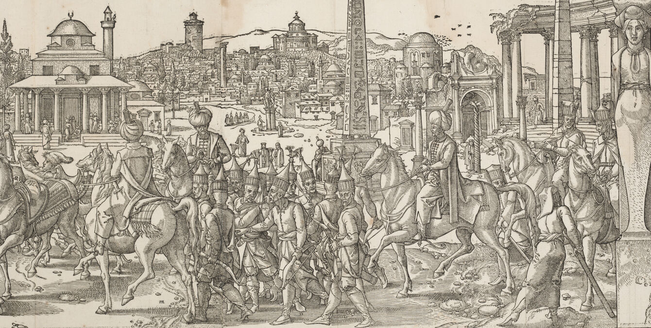 This detail from a print shows a crowded procession of men walking and on horseback.
