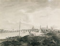
A black and white ink and graphite drawing depicts the view of a city from across a riverbank, where multiple figures stand in the foreground. 