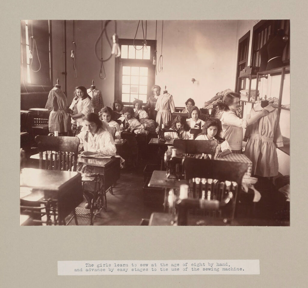 Charity, Children: United States. New York. Pleasantville. Hebrew Sheltering Guardian Society: Hebrew Sheltering Guardian Society Orphan Asylum, Pleasantville, New York: The Girls Learn To Sew At The Age Of Eight By Hand, And Advance By Easy Stages To The Use Of The Sewing Machine.