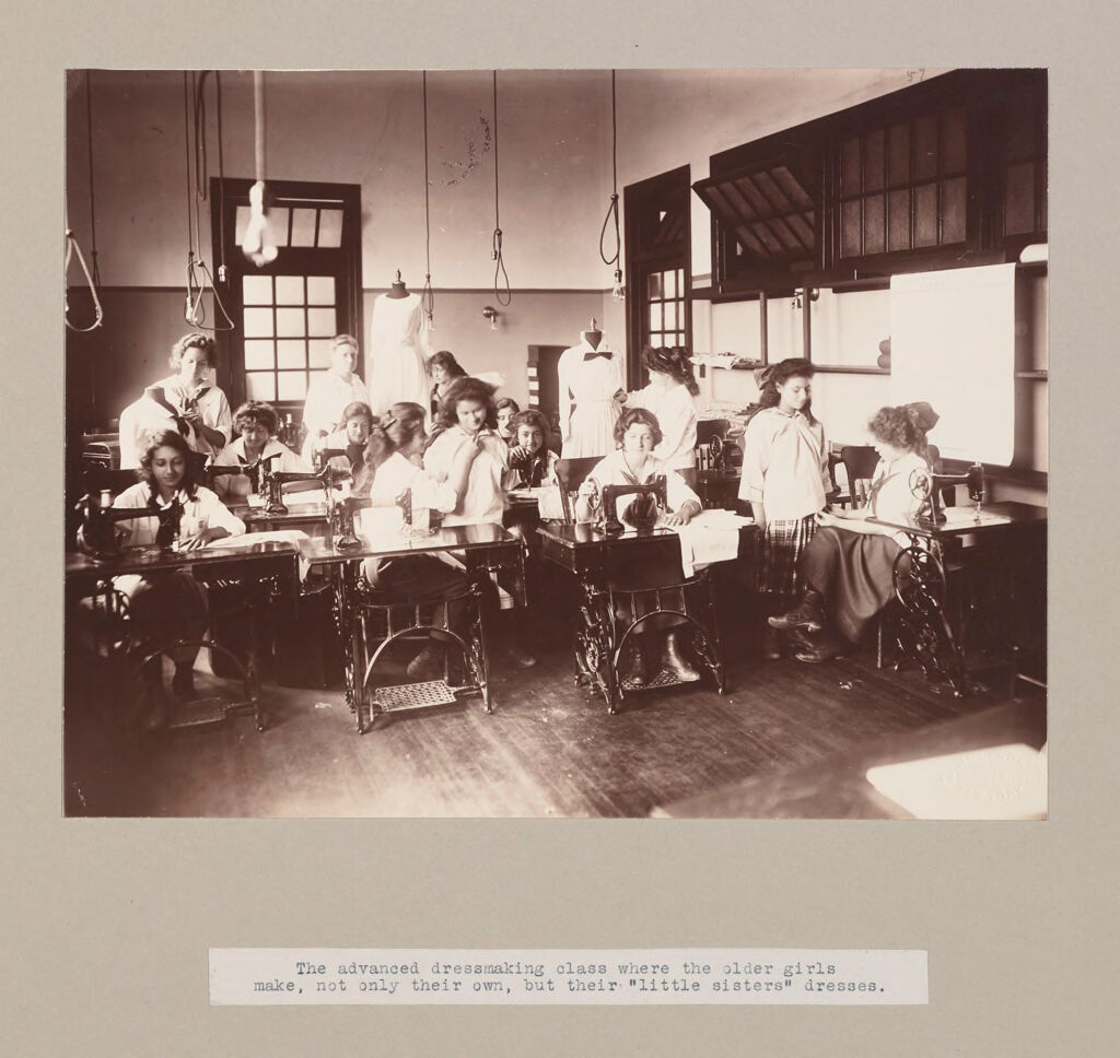 Charity, Children: United States. New York. Pleasantville. Hebrew Sheltering Guardian Society: Hebrew Sheltering Guardian Society Orphan Asylum, Pleasantville, New York: The Advanced Dressmaking Class Where The Older Girls Make, Not Only Their Own, But Their 