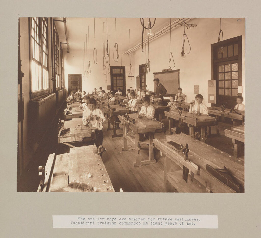 Charity, Children: United States. New York. Pleasantville. Hebrew Sheltering Guardian Society: Hebrew Sheltering Guardian Society Orphan Asylum, Pleasantville, New York: The Smaller Boys Are Trained For Future Usefulness. Vocational Training Commences At Eight Years Of Age.
