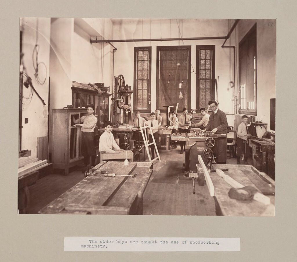 Charity, Children: United States. New York. Pleasantville. Hebrew Sheltering Guardian Society: Hebrew Sheltering Guardian Society Orphan Asylum, Pleasantville, New York: The Older Boys Are Taught The Use Of Woodworking Machinery.