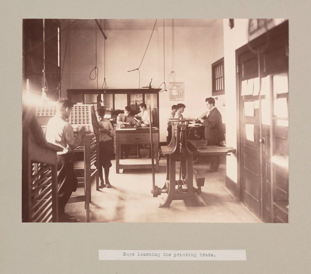 Charity, Children: United States. New York. Pleasantville. Hebrew Sheltering Guardian Society: Hebrew Sheltering Guardian Society Orphan Asylum, Pleasantville, New York: Boys Learning The Printing Trade.