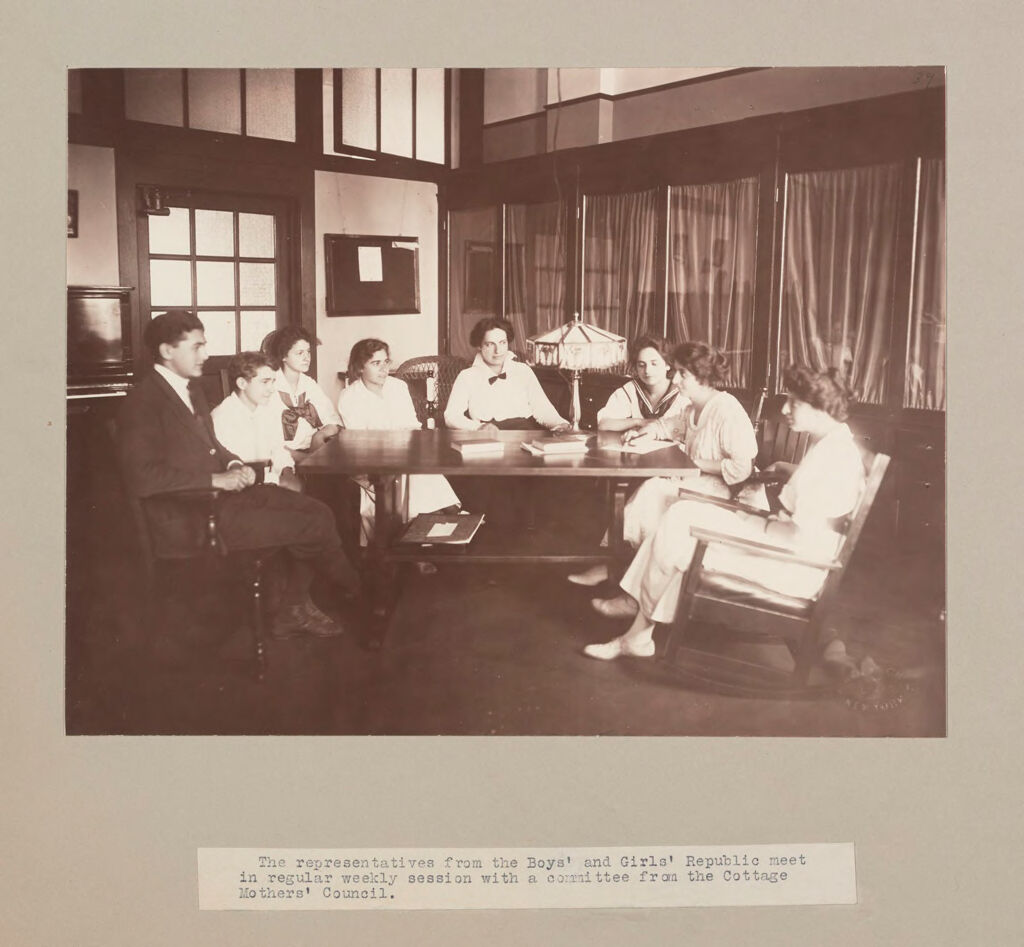 Charity, Children: United States. New York. Pleasantville. Hebrew Sheltering Guardian Society: Hebrew Sheltering Guardian Society Orphan Asylum, Pleasantville, New York: The Representatives From The Boys' And Girls' Republic Meet In Regular Weekly Session With A Committee From The Cottage Mothers' Council.