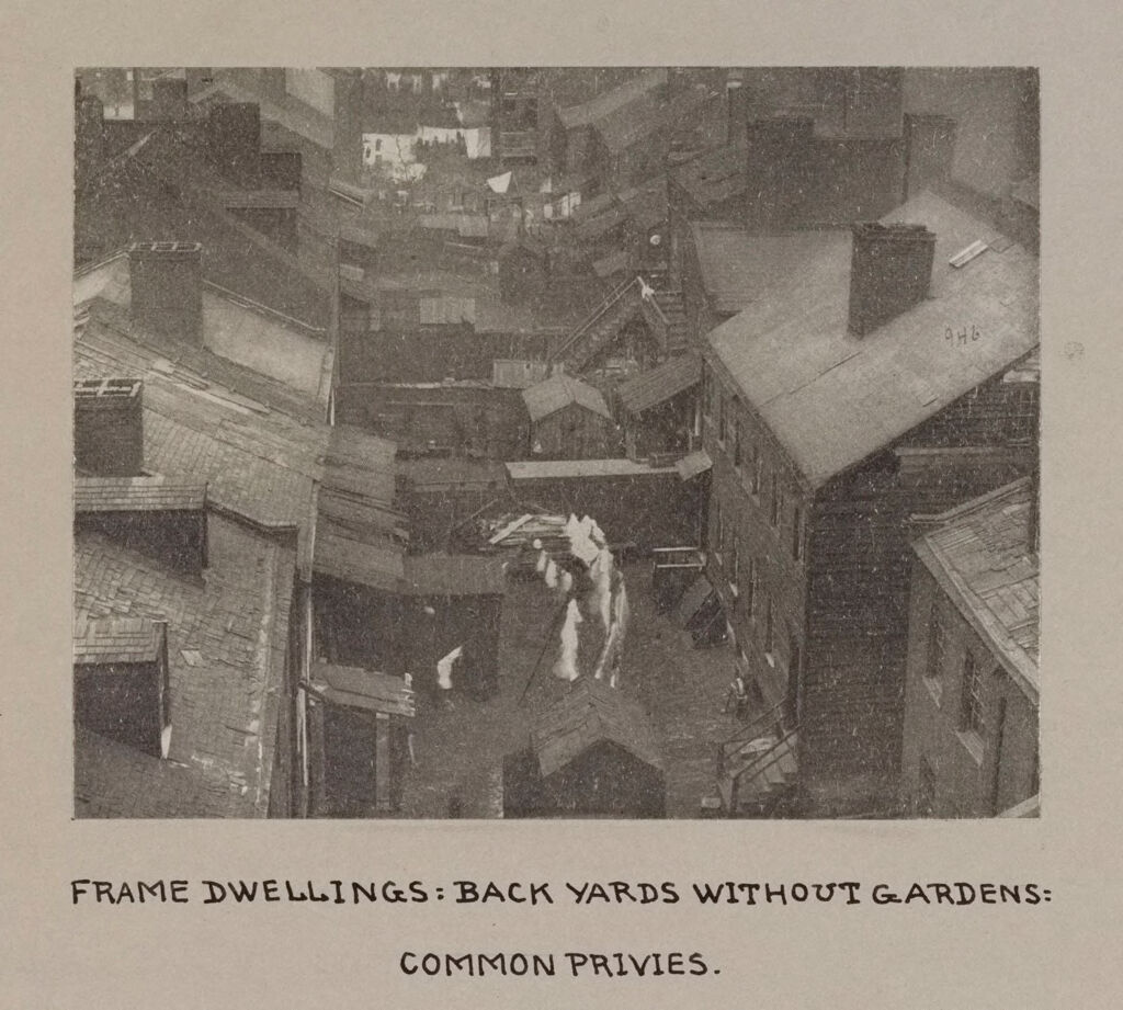 Housing, Conditions: United States. Pennsylvannia. Pittsburgh. Houses; Streets; Yards: Housing Conditions, Pittsburgh. Pa.:  Frame Dwellings: Back Yards Without Gardens: Common Privies.