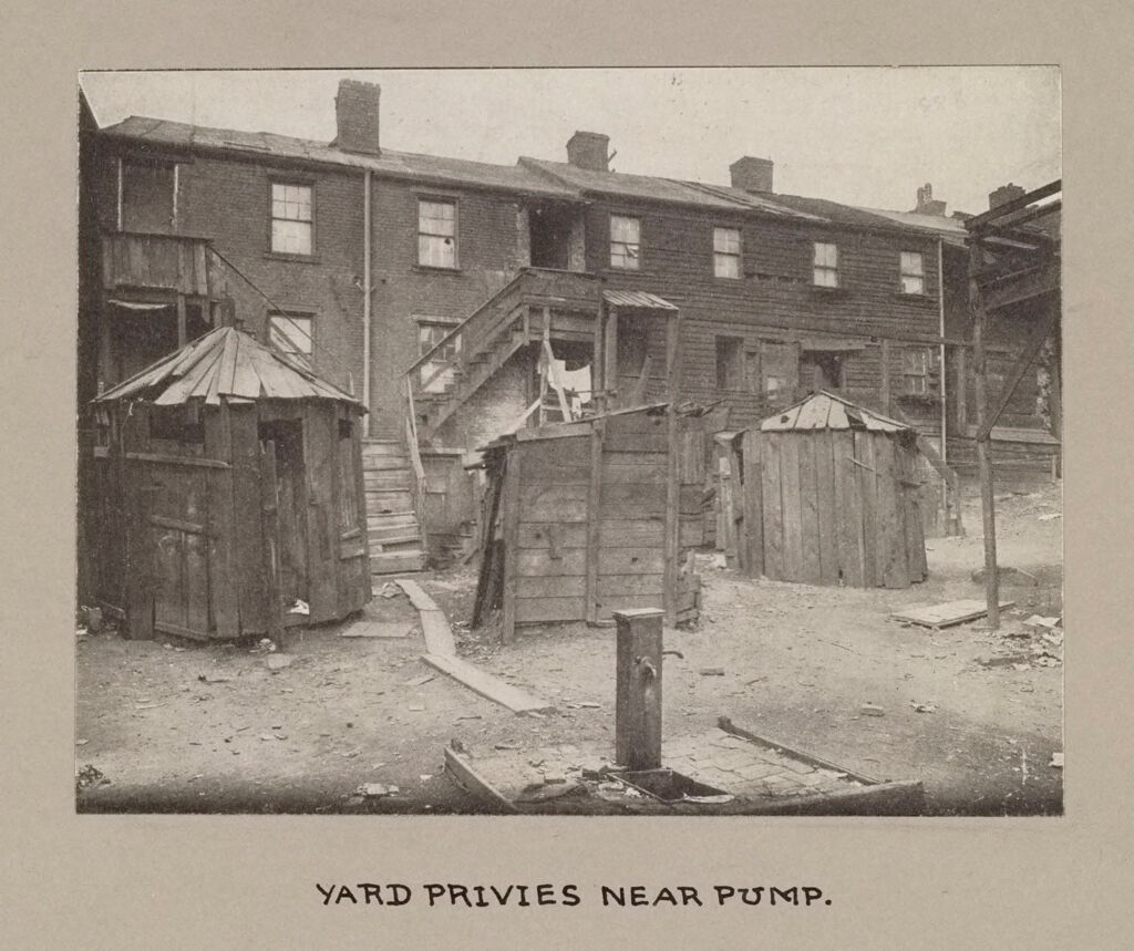 Housing, Conditions: United States. Pennsylvannia. Pittsburgh. Houses; Streets; Yards: Housing Conditions, Pittsburgh. Pa.:  Yard Privies Near Pump.