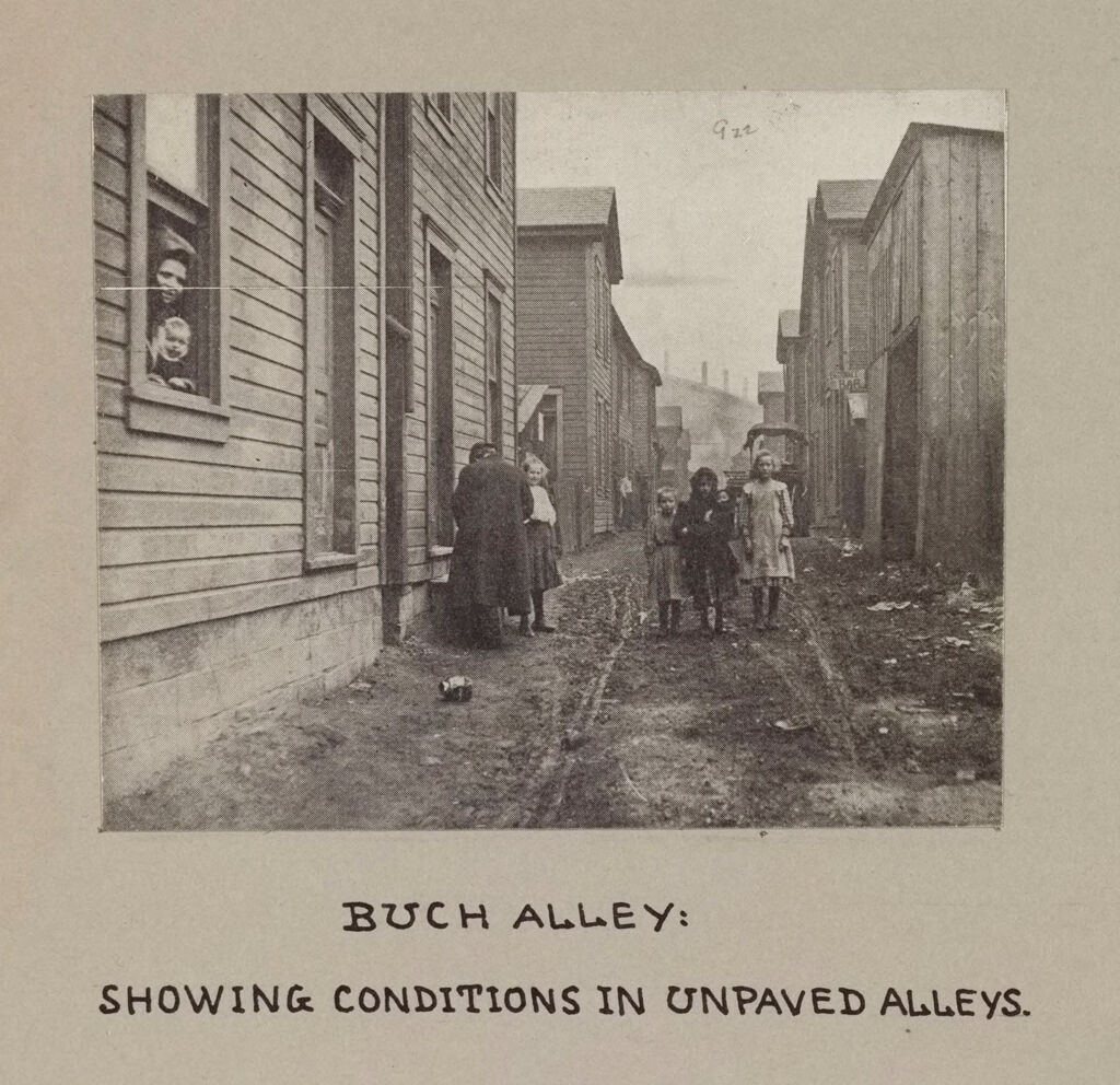 Housing, Conditions: United States. Pennsylvannia. Pittsburgh. Houses; Streets; Yards: Environment After Immigration, Perpeptuation Of European Standards In America. Housing Conditions, Pittsburgh, Pa.: Butch Alley: Showing Conditions In Unpaved Alleys.