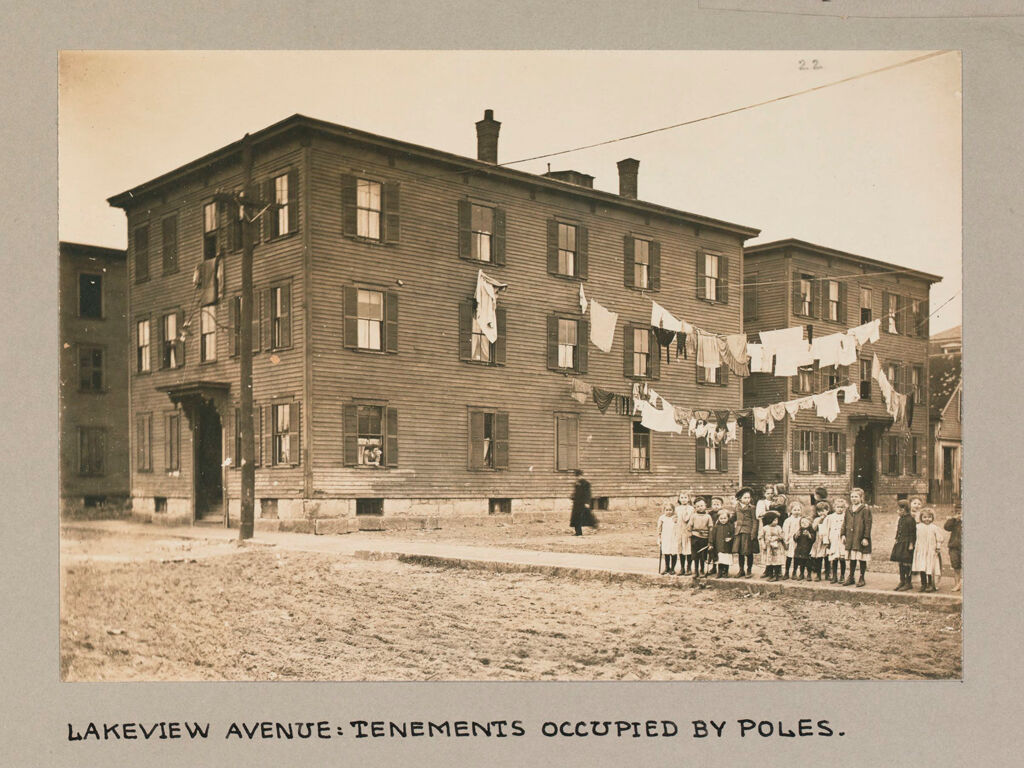 Housing, Conditions: United States. Massachusetts. Lowell. Tenements In French, Greek And Polish Districts: Environment After Immigration, Perpetuation Of European Standards In America: Lakeview Avenue: Tenements Occupied By Poles.