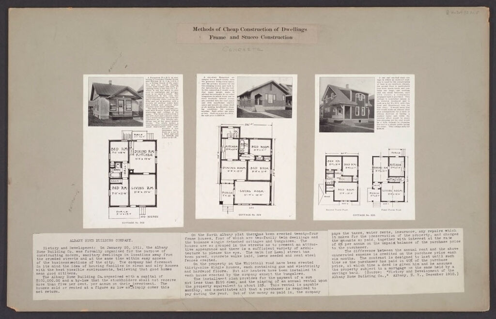 Housing, Industrial: United States. New York. Albany: Methods In Cheap Construction Of Dwellings: Frame And Stucco Construction: Albany Home Building Co.