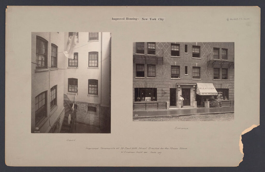 Housing, Improved: United States. New York. New York City. The Misses Stone, New Law Tenement, 1905 (W. Emerson, Architect): Improved Housing: New York City: Improved Tenements Of 34 East 50Th Street. Erected For The Misses Stone. W. Emerson Arch't 1905. Photo 1907.