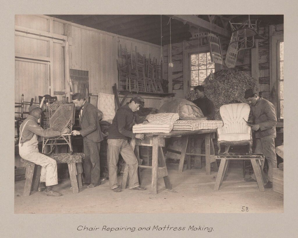 Races, Negroes: United States. Virginia. Hampton. Hampton Normal And Industrial School: Agencies Promoting Assimilation Of The Negro. Training For Commercial And Industrial Employment. Hampton Normal And Agricultural Institute, Hampton, Va.: Chair Repairing And Mattress Making.