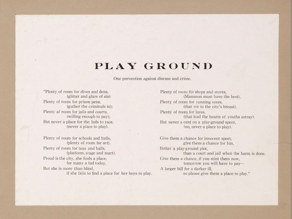 Recreation, Parks And Playgrounds: United States. Educational Propaganda: Public Parks And Playgrounds: Example Of Useful Educational Propaganda For Playgrounds Prepared By A Commercial Agency. Source Of These Two Statements: American Playground Device Company, Anderson, Indiana.