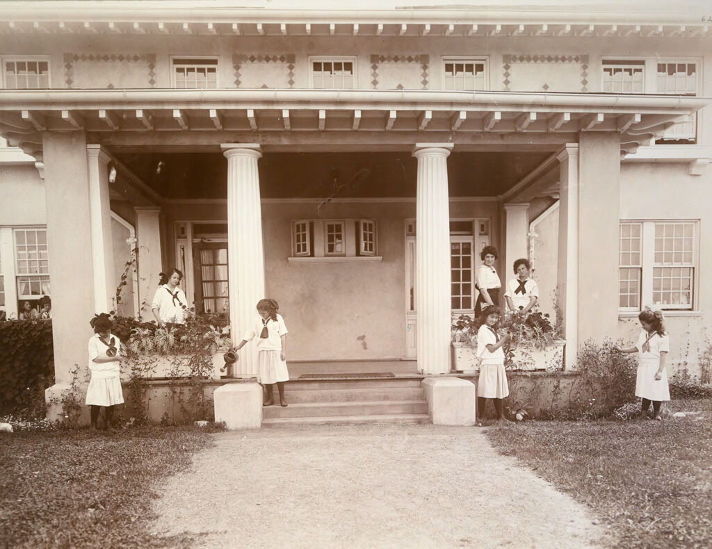 Charity, Children: United States. New York. Pleasantville. Hebrew Sheltering Guardian Society: Hebrew Sheltering Guardian Society Orphan Asylum, Pleasantville, New York: Boys And Girls Caring For The Flower Beds And Flower Boxes Of The Cottages.