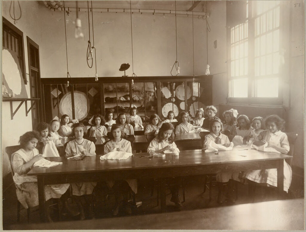 Charity, Children: United States. New York. Pleasantville. Hebrew Sheltering Guardian Society: Hebrew Sheltering Guarding Society Orphan Asylum, Pleasantville, New York: The Industrial Program For Girls Includes Instruction In Embroidery.