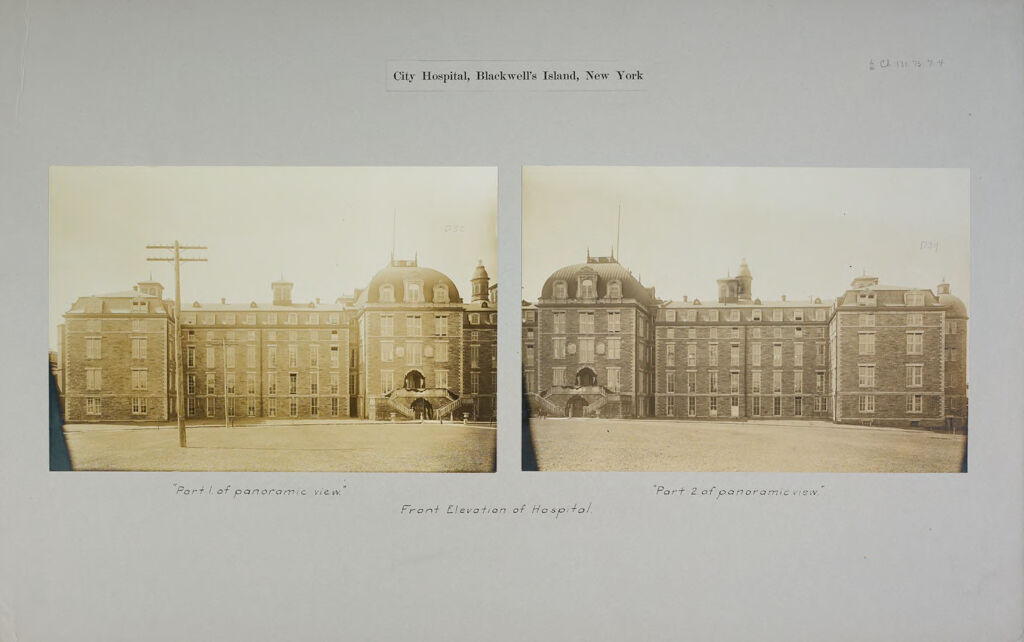 Charity, Hospitals: United States. New York. New York City. City Hospital, Blackwell's Island: City Hospital, Blackwell's Island, New York: Front Elevation Of Hospital.