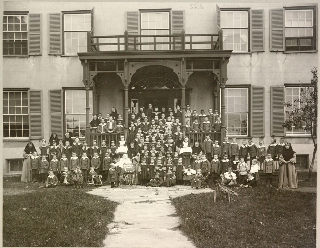 Charity, Hospitals: United States. New York. Ogdensburg. City Hospital And Orphanage: Grey Nuns Of The Cross: City Hospital And Orphanage, Ogdensburg, N.y. (Under The Direction Of The Grey Nuns Of The Cross): North View Of Building With Children In Orphanage 1907.