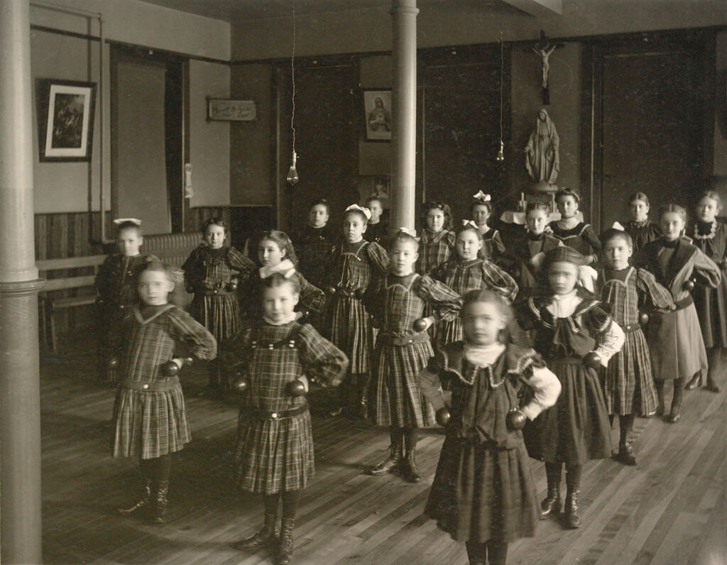 Charity, Hospitals: United States. New York. Ogdensburg. City Hospital And Orphanage: Grey Nuns Of The Cross: City Hospital And Orphanage, Ogdensburg, N.y. (Under The Direction Of The Grey Nuns Of The Cross): Little Girls At Dumbell-Exercise.