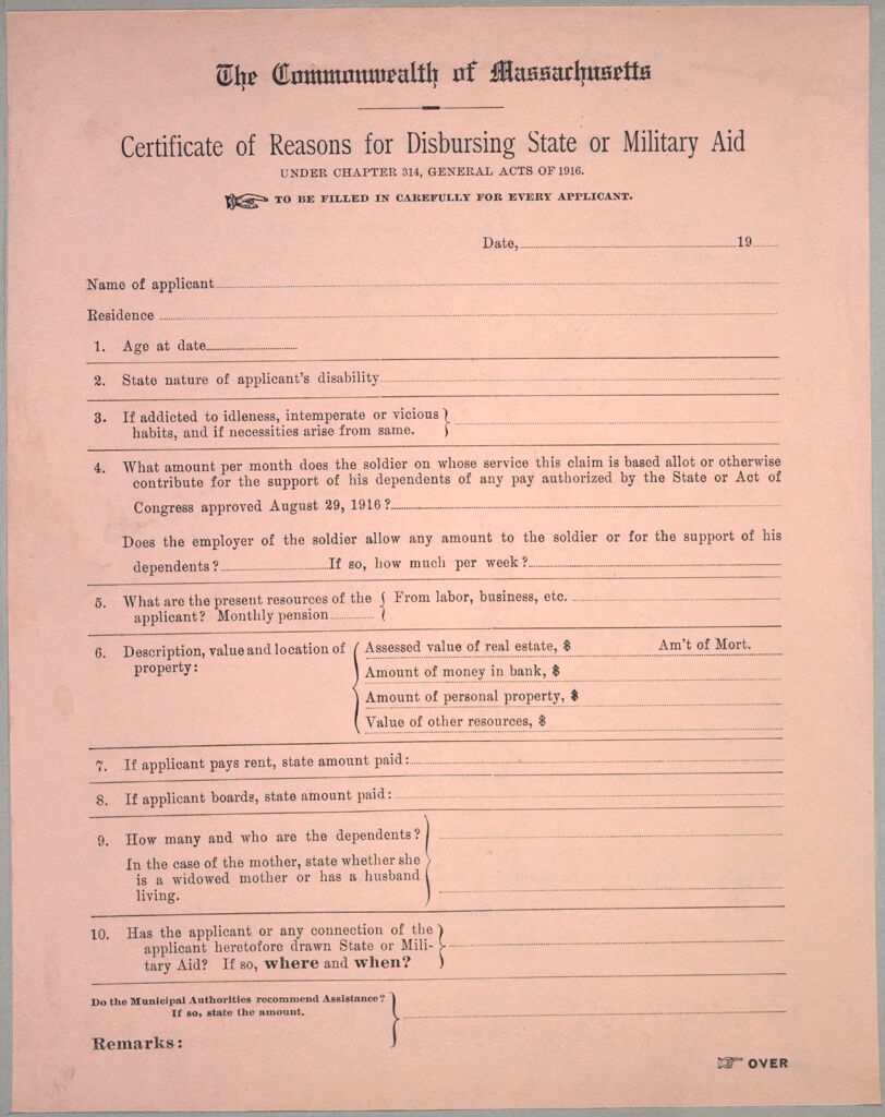 Charity, Public: United States. Massachusetts. Boston. American Agencies For War Relief: American Agencies For War Relief. Civilian Relief. Investigation And Record Blanks: Certificate Of Reasons For Disbursing State Or Military Aid Under Chapter 314