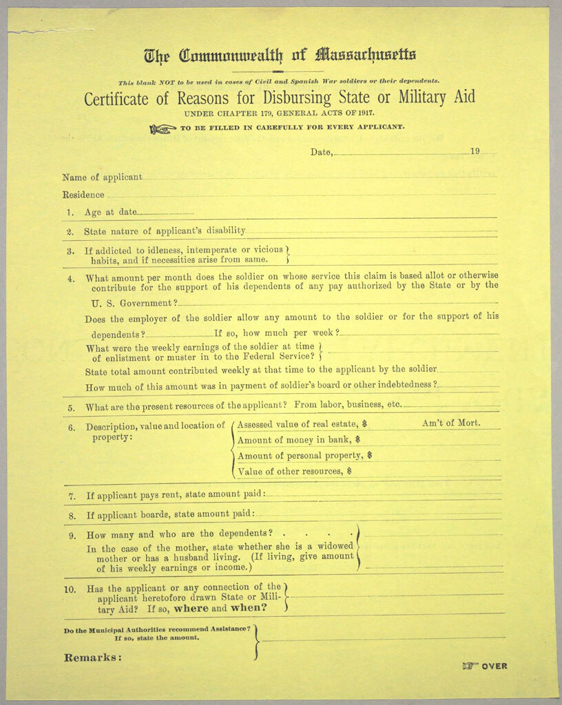 Charity, Public: United States. Massachusetts. Boston. American Agencies For War Relief: American Agencies For War Relief. Civilian Relief. Investigation And Record Blanks: Certificate Of Reasons For Disbursing State Or Military Aid Under Chapter 179