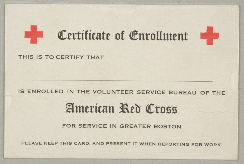 Charity, Public: United States. Massachusetts. Boston. American National Red Cross: American National Red Cross. Record Blanks: Certificate Of Enrollment