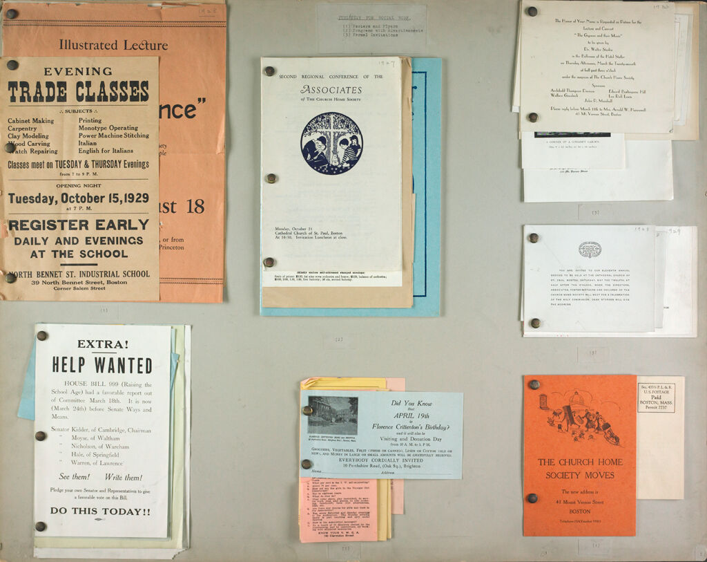 Charity, Organizations: United States. Massachusetts. Boston. Publicity For Social Work. (1) Posters And Flyers. (2) Programs With Advertisements. (3) Formal Invitations.