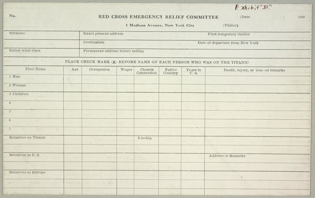 Charity, Public: United States. New York. New York City. American National Red Cross: American National Red Cross. Emergency Relief. Investigation And Record Blanks: Exhibit B
