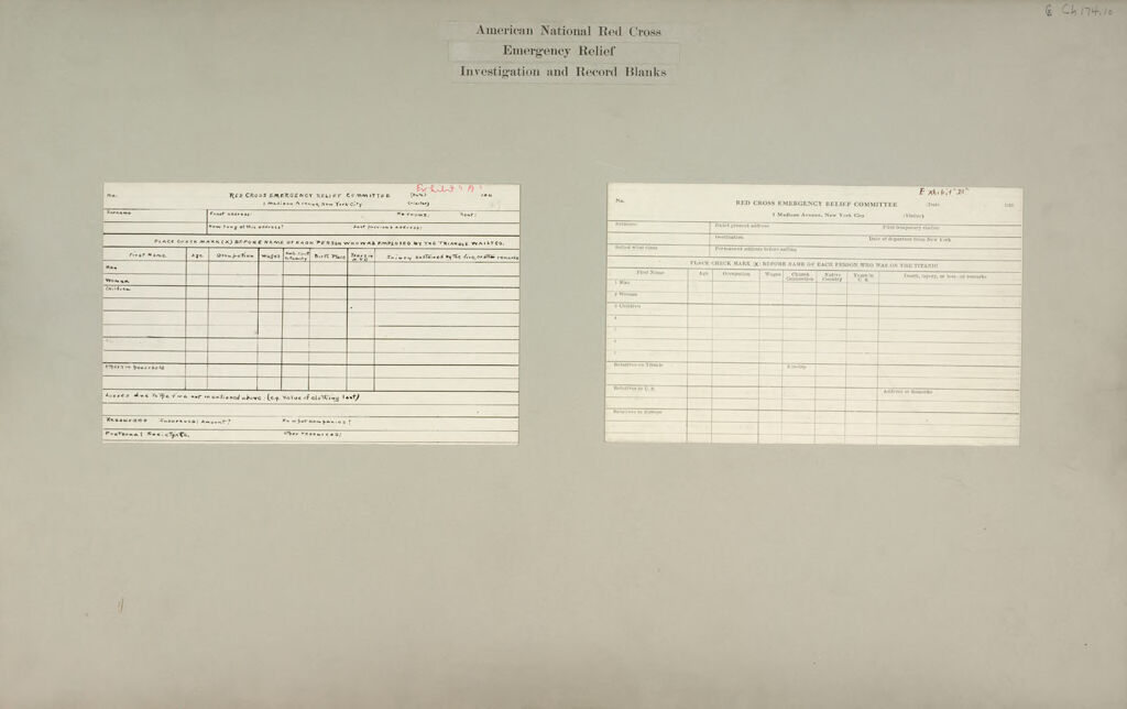 Charity, Public: United States. New York. New York City. American National Red Cross: American National Red Cross. Emergency Relief. Investigation And Record Blanks