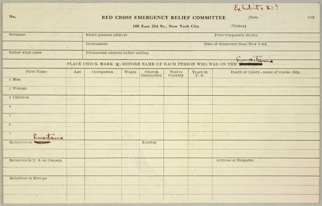 Charity, Public: United States. New York. New York City. American National Red Cross: American National Red Cross Emergency Relief. Investigation And Record Blanks: Exhibit D