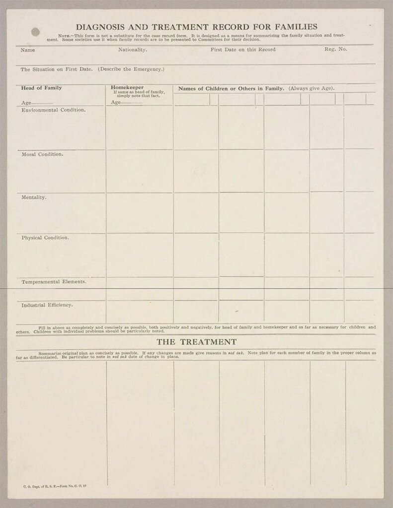 Charity, Organizations: United States. New York. New York City. Russell Sage Foundation: Schedules Used In Investigation: Forms Used By The Charity Organization Department Of The Russell Sage Foundation: Diagnosis And Treatment Record For Families
