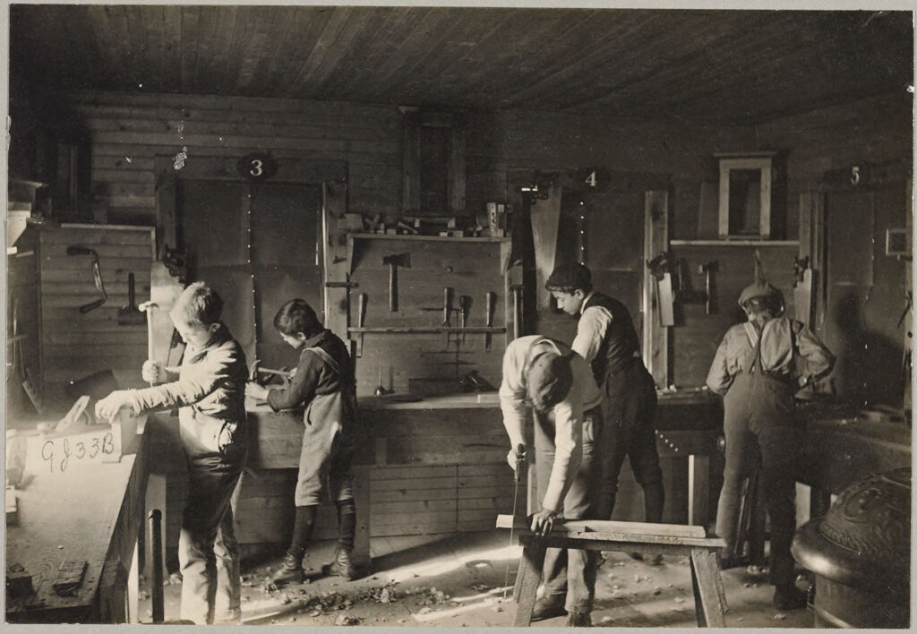 Crime, Children, Reform Schools: United States. New York. Freeville. George Junior Republic: George Junior Republic, Freeville, N.y.: Interior Of Carpenter Shop. Some Of The Middle Grade Boys At Work.