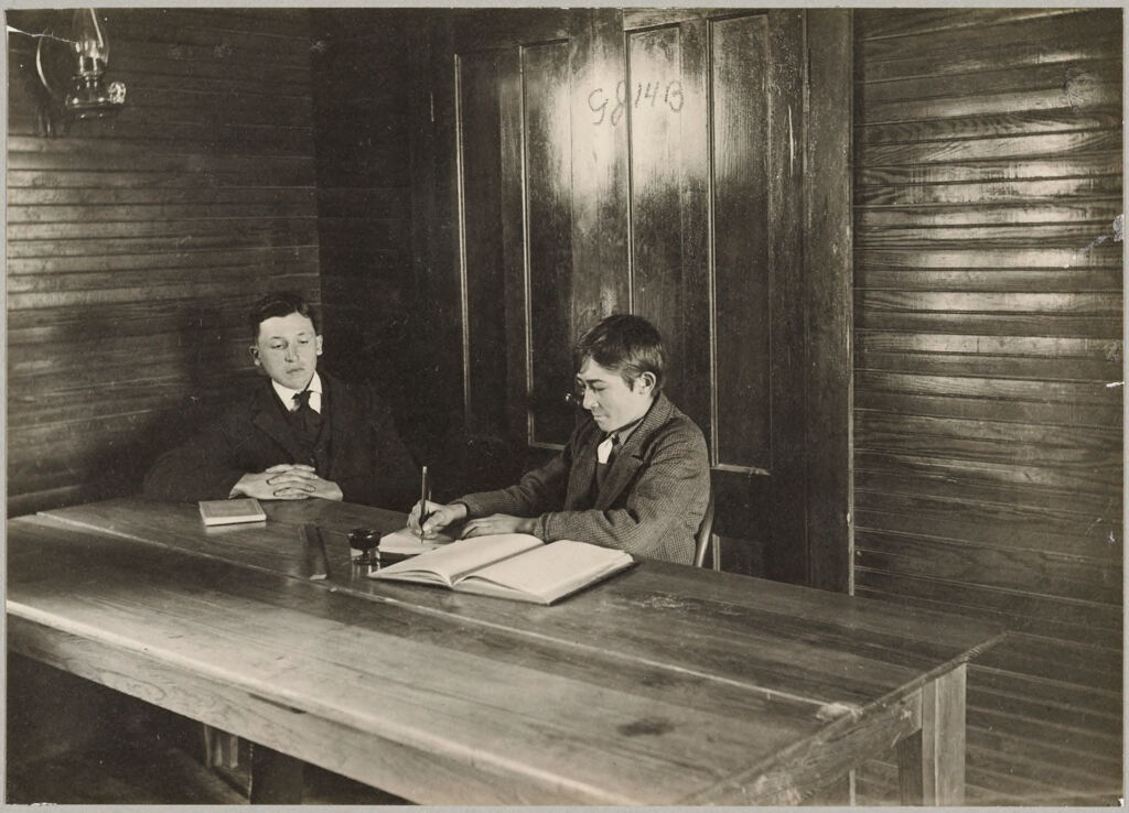 Crime, Children, Reform Schools: United States. New York. Freeville. George Junior Republic: George Junior Republic, Freeville, N.y.: The Judge Of The Republic Seated At His Official Desk; The Clerk Of The Court Is Seated At His Side.