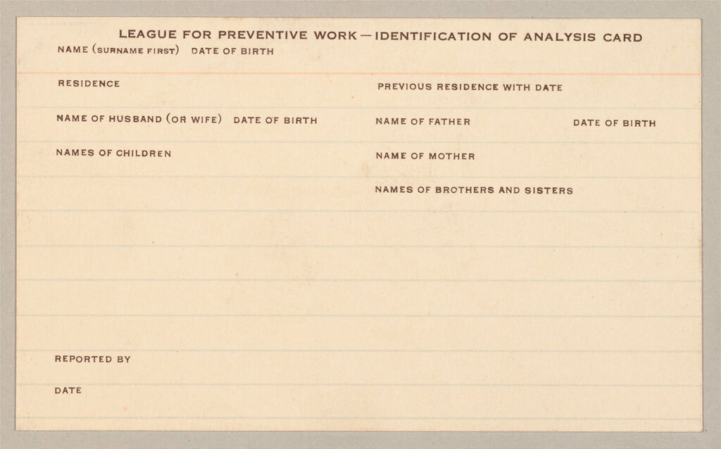 Defectives, Feeble-Minded: United States. Massachusetts. Boston. Forms Used By League For Preventive Work: Schedules Used In Investigation: Forms Used By The League For Preventive Work, Boston, Mass.: League For Preventive Work - Identification Of Analysis Card.