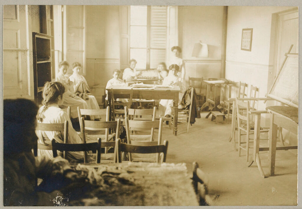 Education, Industrial: Italy. Florence. Arts And Crafts School: Social Conditions In Florence, Italy, 1903: Arts And Crafts - Embroidery Class.