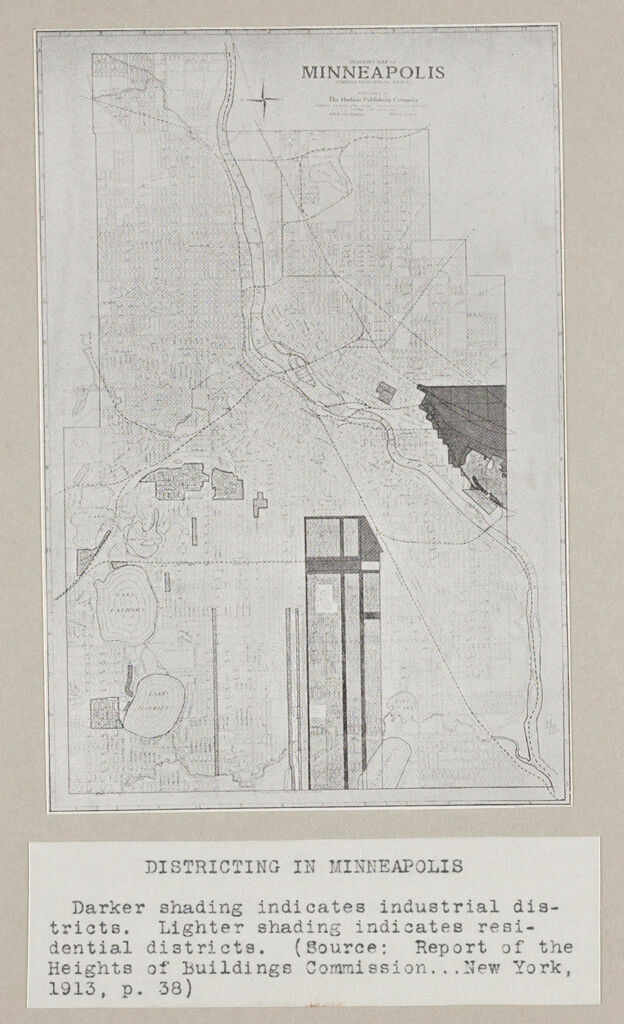 Government, City: United States: Heights Of Buildings: Districting In Minneapolis: Darker Shading Indicates Industrial Districts. Lighter Shading Indicates Residential Districts. (Source: Report Of The Heights Of Buildings Commission...new York, 1913, P.38).