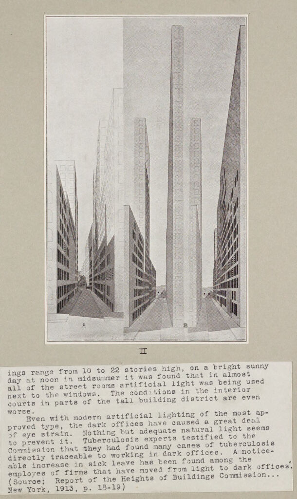 Government, City: United States. New York. New York City: Heights Of Buildings, New York City: Ii. Use Of Artificial Light In Offices: (A) On New Street Looking South From Wall Street; (B) On Exchange Place From Broad Street West.