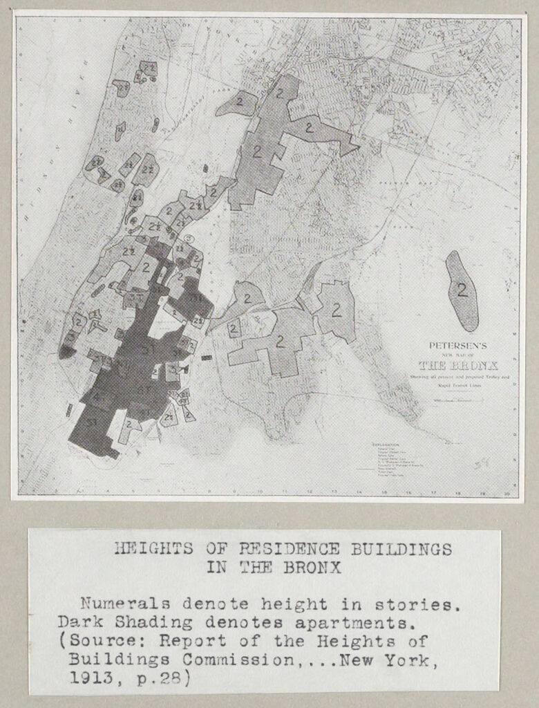 Government, City: United States. New York. New York City: Heights Of Buildings, New York City: Heights Of Residence Buildings In The Bronx: Numerals Denote Height In Stories. Dark Shading Denotes Apartments. (Source: Report Of The Heights Of Buildings Commission,...New York, 1913, P.28.)