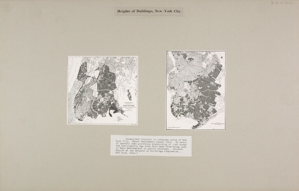 Government, City: United States. New York. New York City: Heights Of Buildings, New York City: Unimproved Property In Outlying Parts Of New York City. Black Represents Vacant Land. By Means Of Special Laws Governing Districting Of Such Areas The Municipality May Keep This Land From Being Used In Ways Detrimental To Public Interest. (Source: Report Of The Heights Of Buildings Commission...new York, 1913.)