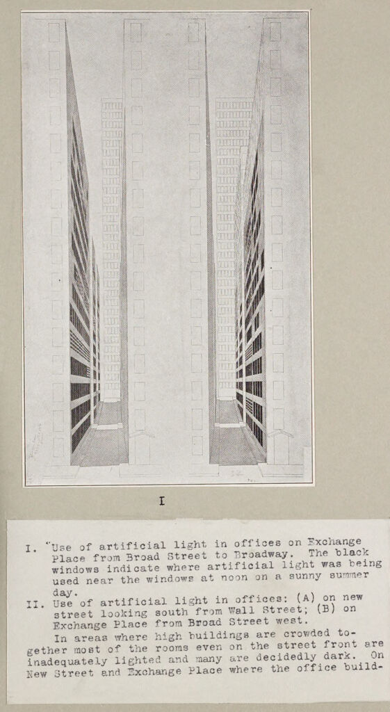 Government, City: United States. New York. New York City: Heights Of Buildings, New York City: I. Use Of Artificial Light In Offices On Exchange Place From Broad Street To Broadway. The Black Windows Indicate Where Artificial Light Was Being Used Near The Windows At Noon On A Sunny Summer Day.