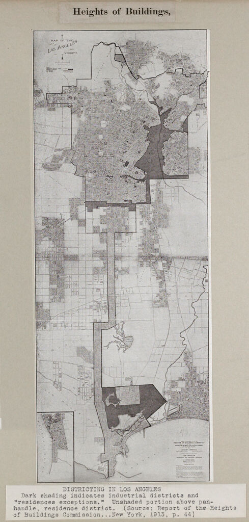 Government, City: United States: Heights Of Buildings: Districting In Los Angeles: Dark Shading Indicates Industrial Districts And Residence Exceptions. Unshaded Portion Above Pan-Handle, Residence District. (Source: Report Of The Heights Of Buildings Commission...new York, 1913, P.44.)
