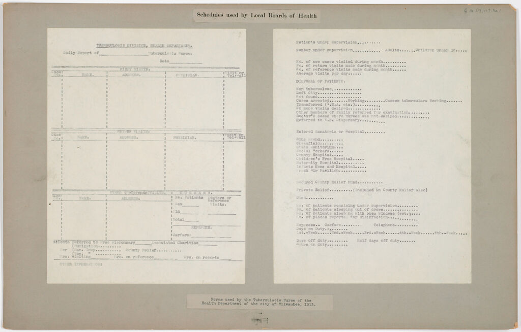 Health, General: United States. Wisconsin. Milwaukee: Schedules Used By Local Boards Of Health: Forms Used By The Tuberculosis Hurse Of The Health Department Of The City Of Milwaukee, 1913