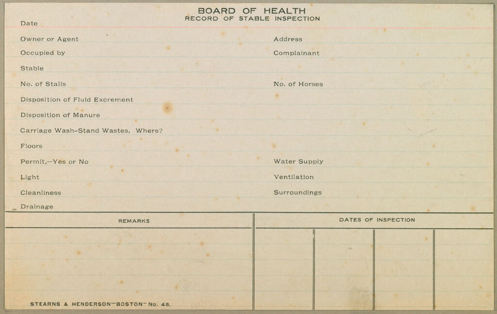 Health, General: United States. Massachusetts. Brookline: Schedules Used By Local Boards Of Health: Board Of Health Record Of Stable Inspection