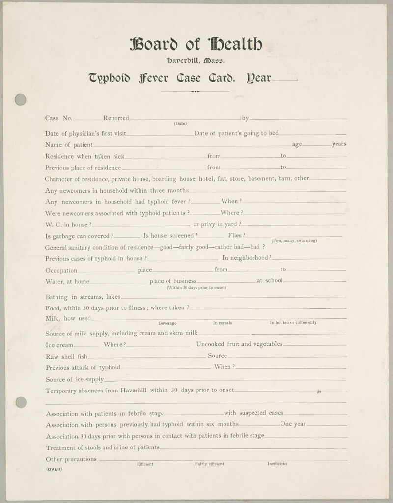 Health, General: United States. Massachusetts. Haverhill: Schedules Used By Local Boards Of Health: Board Of Health. Haverhill, Mass. Typhoid Fever Case Card.