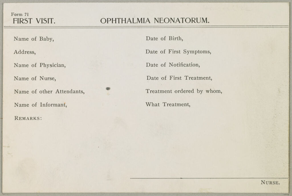 Health, General: United States. Massachusetts. Haverhill: Schedules Used By Local Boards Of Health: First Visit. Ophthalmia Neonatorum.
