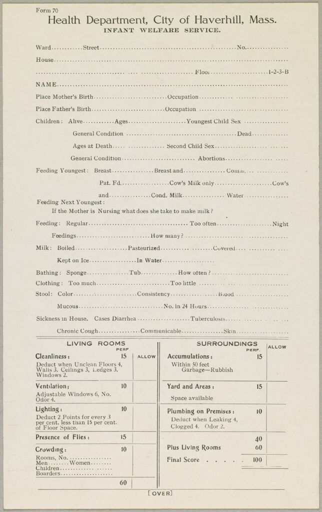 Health, General: United States. Massachusetts. Haverhill: Schedules Used By Local Boards Of Health: Health Department, City Of Haverhill, Mass. Infant Welfare Service.