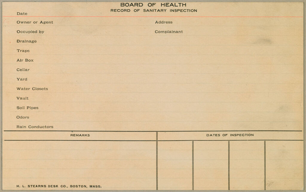 Health, General: United States. Massachusetts. Brookline: Schedules Used By Local Boards Of Health: Board Of Health Record Of Sanitary Inspection