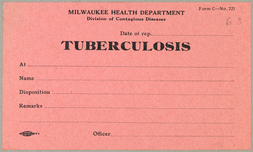 Health, General: United States. Wisconsin. Milwaukee: Schedules Used By Local Boards Of Health: Tuberculosis
